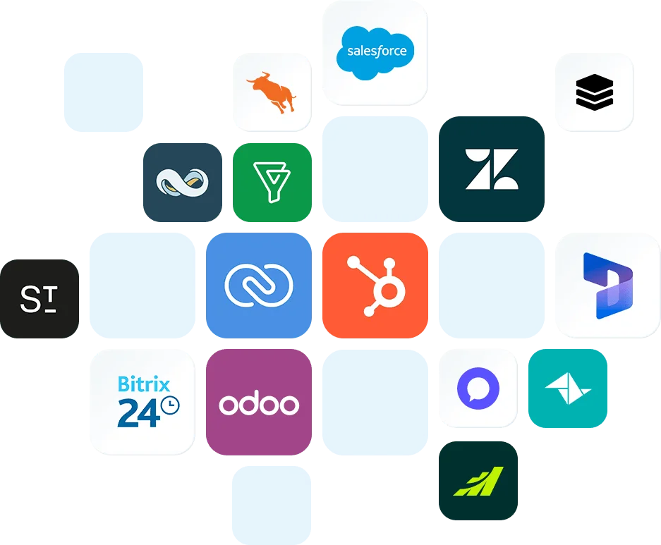 Drömlik integrations including Salesforce, HubSpot, Zendesk, Zapier, Odoo, Bitrix24, and more