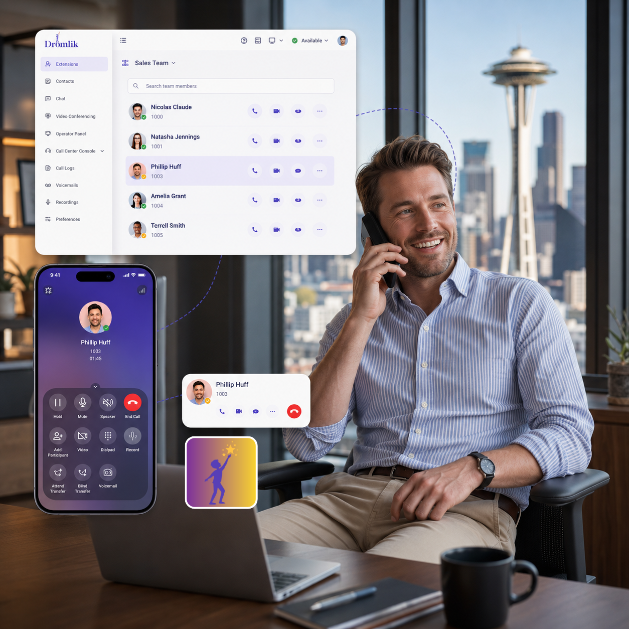 Drömlik cloud phone dashboard and mobile app with the Seattle skyline and Space Needle in the background