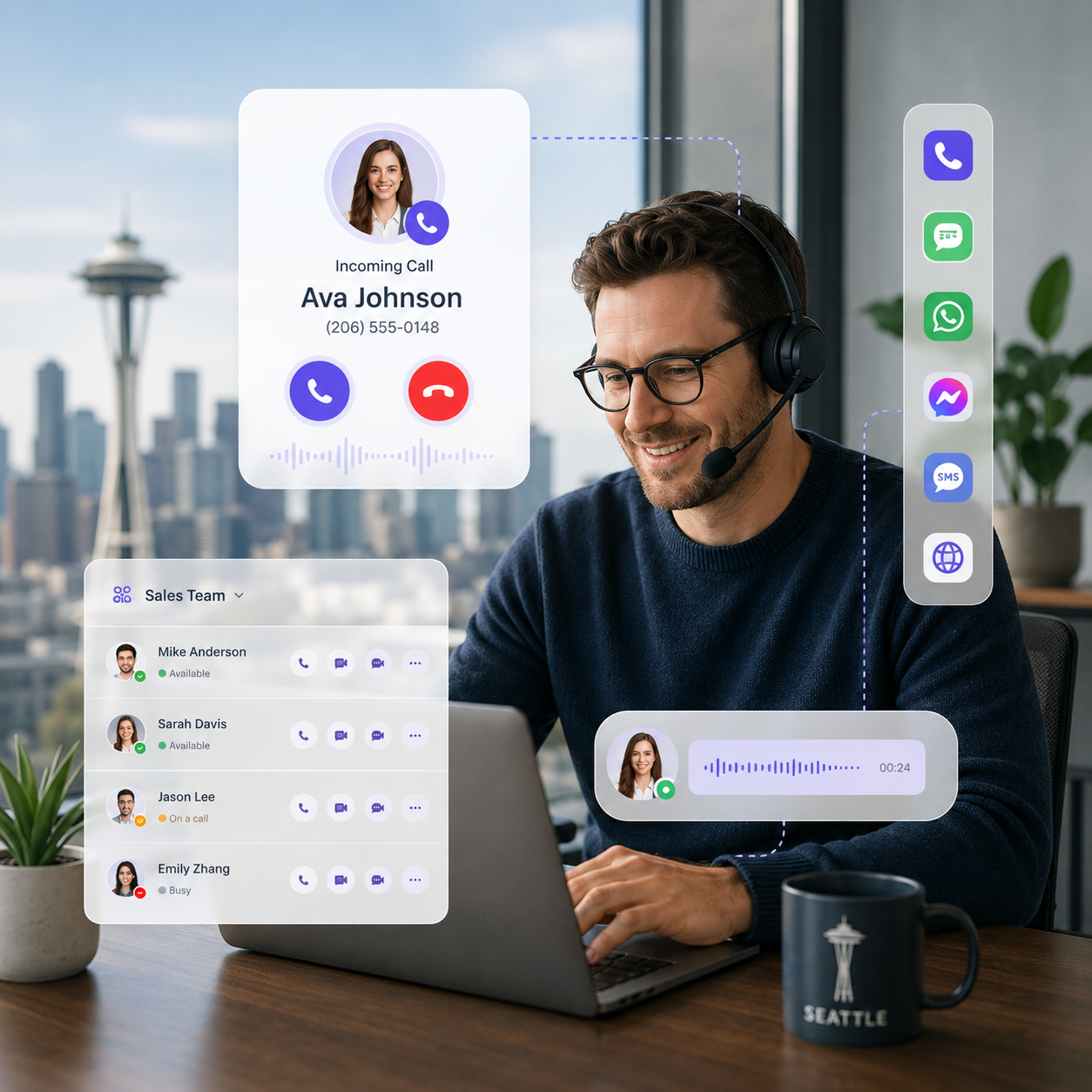 Drömlik cloud phone dashboard with incoming call, team presence, and Seattle skyline in the background
